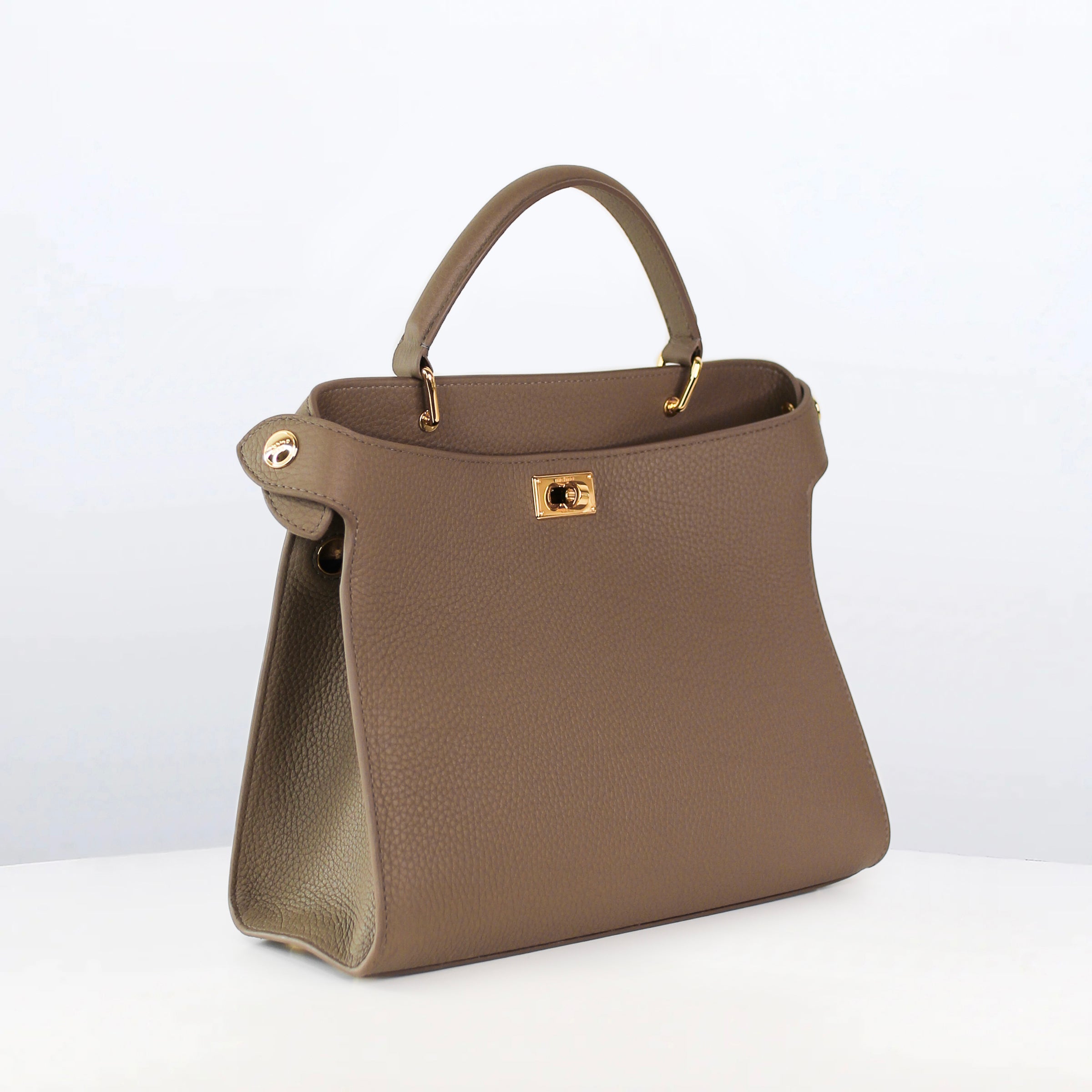 LEATHER HANDBAG LUTECE 27 TAUPE WITH GOLD HARWARE