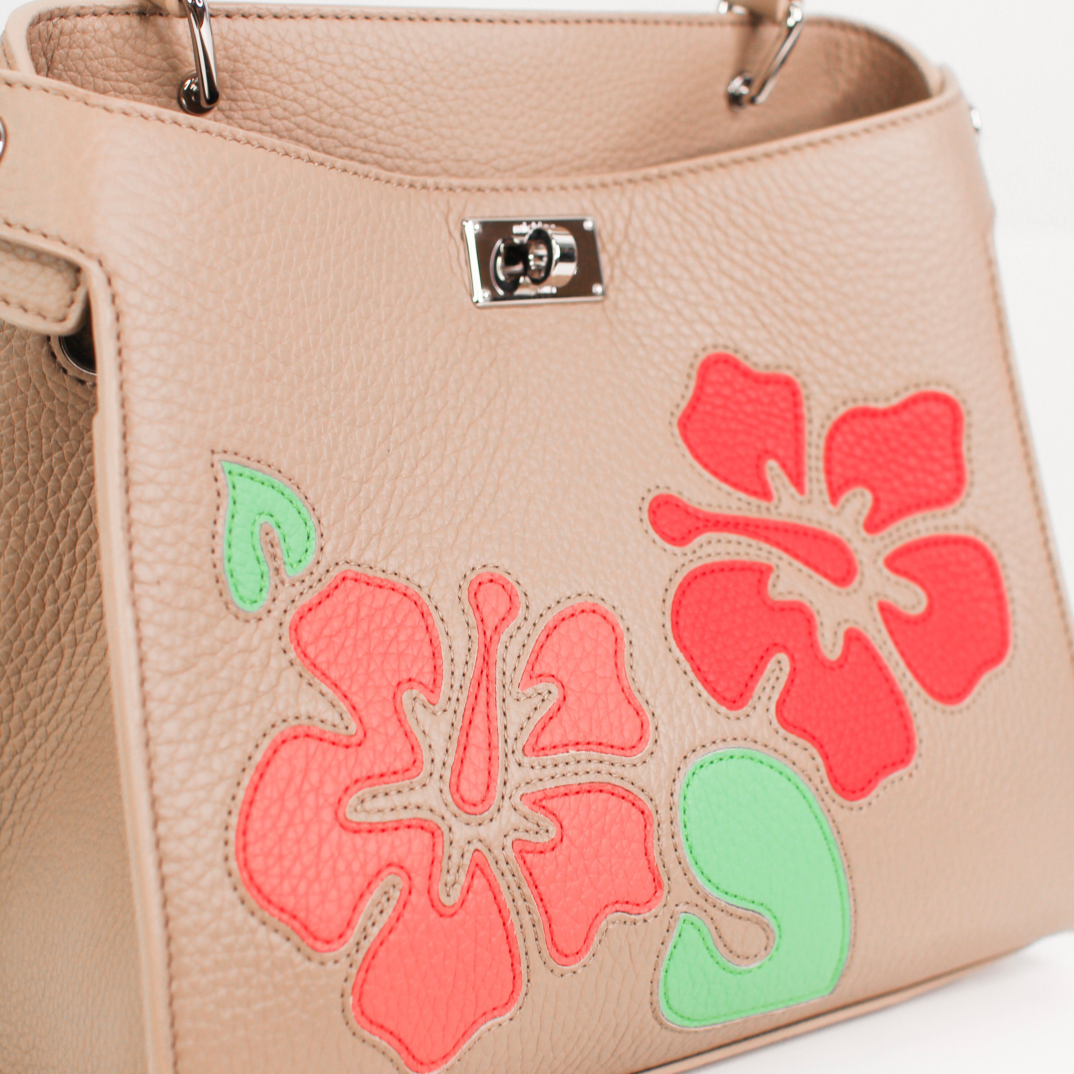 SAC À MAIN EN CUIR LUTECE MINI INTERSIA TOURTERELLE RED FLOWERS