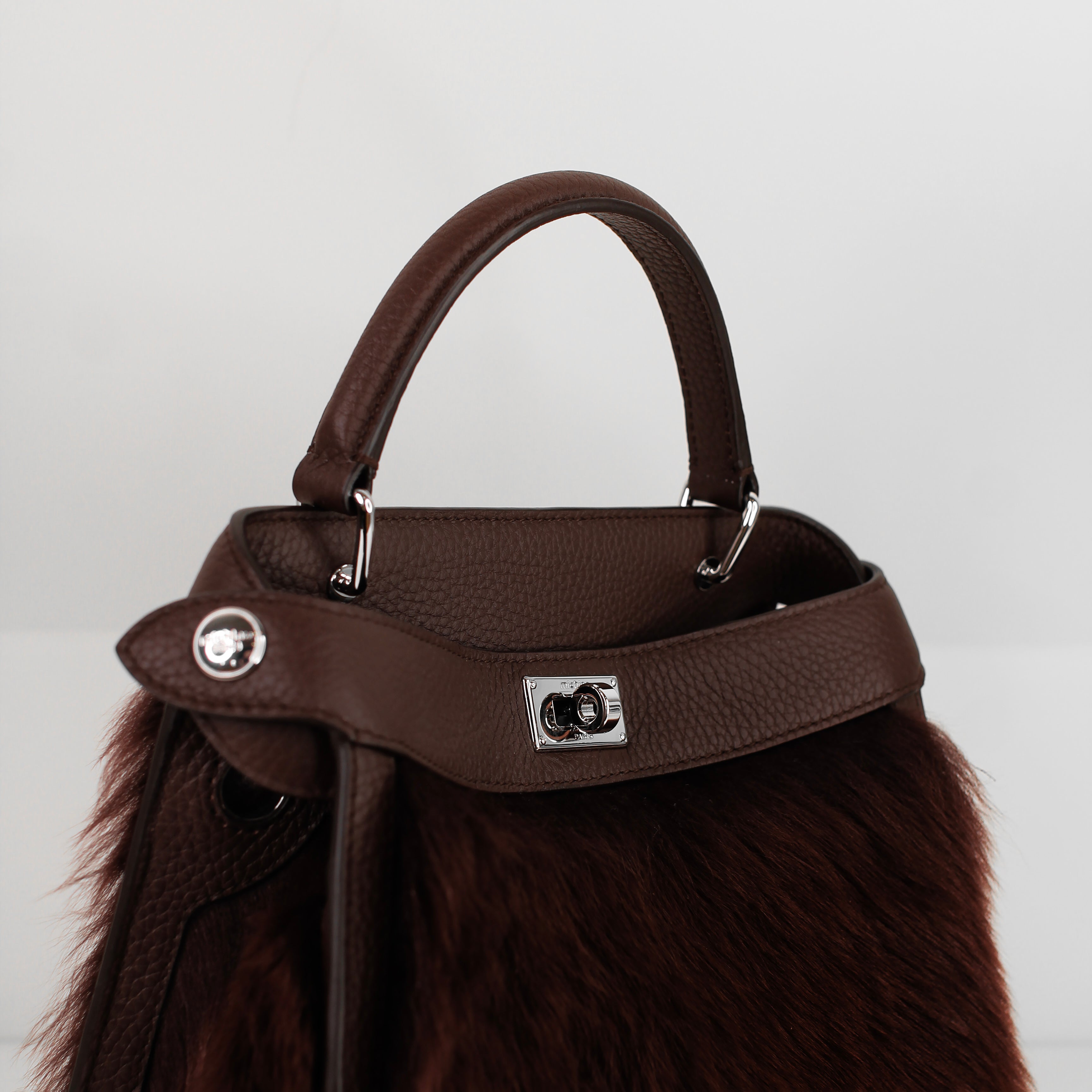 SAC À MAIN EN CUIR ET SHEARLING LUTECE MINI PRUNE