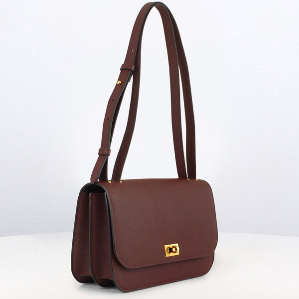 LEATHER FLAP BAG ELYSEE BLACK  EAST/WEST PRUNE