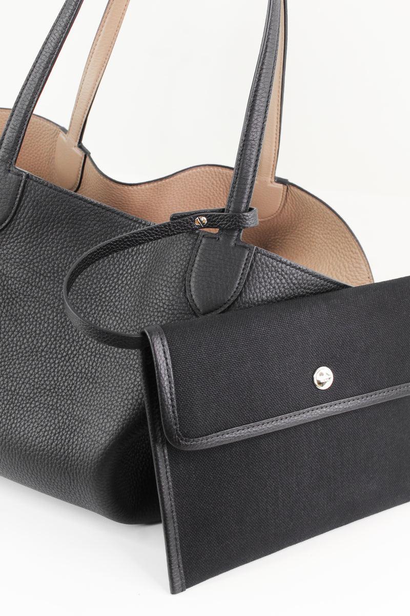 RIVOLI REVERSIBLE LEATHER TOTE BAG EAST/WEST BLACK/KHAKI
