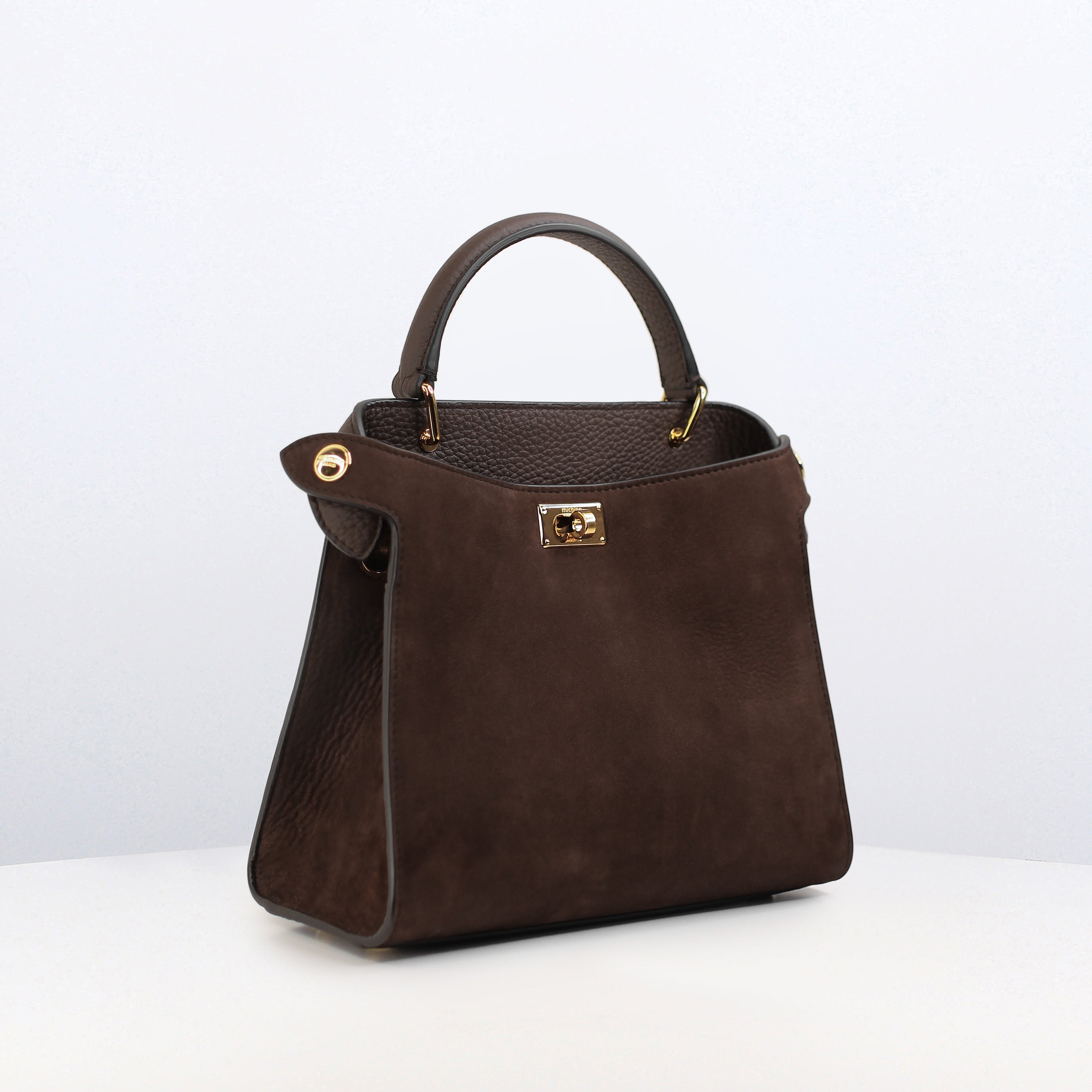 SAC À MAIN EN CUIR LUTECE MINI NUBUCK CHOCOLAT FINITIONS DORÉES