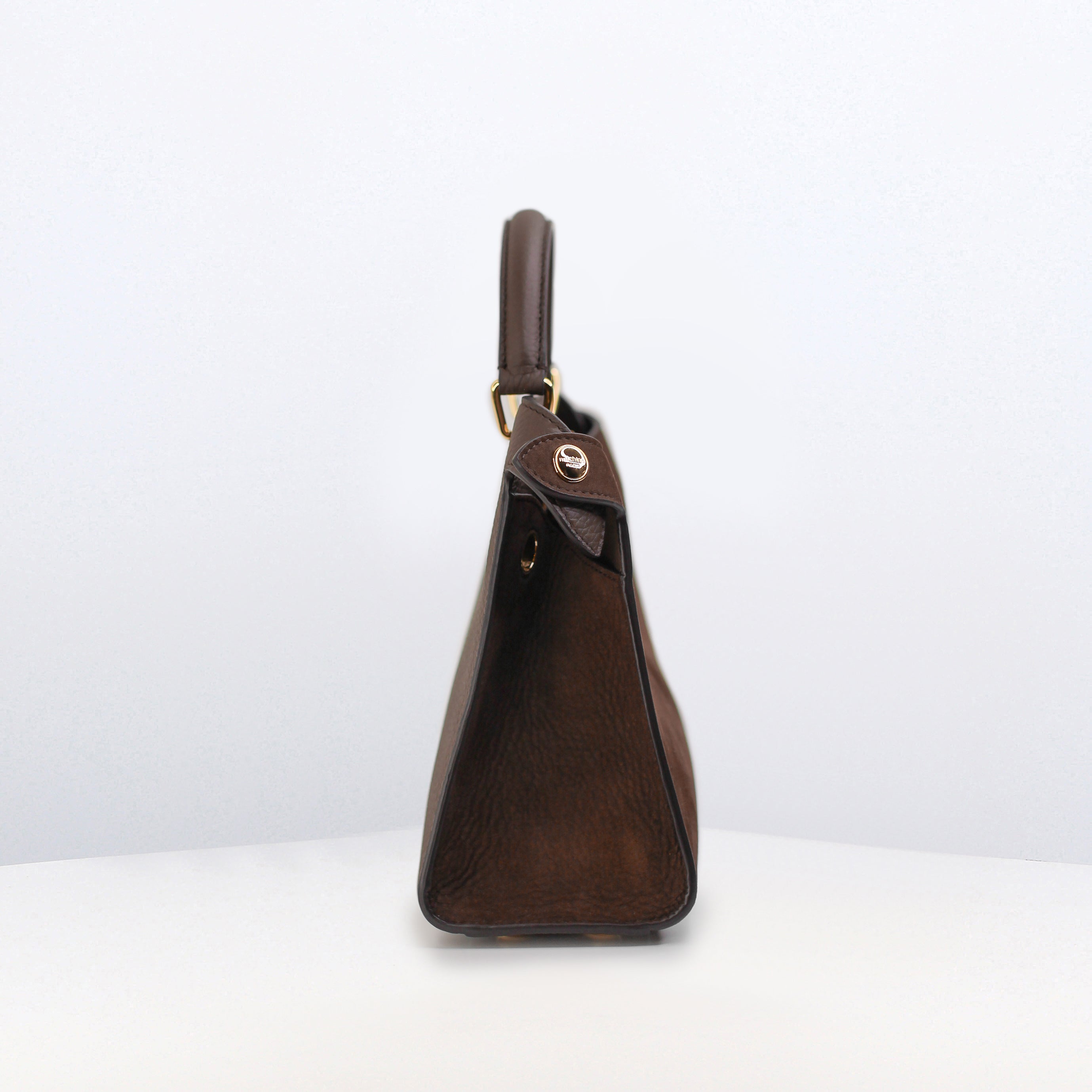 SAC À MAIN EN CUIR LUTECE MINI NUBUCK CHOCOLAT FINITIONS DORÉES