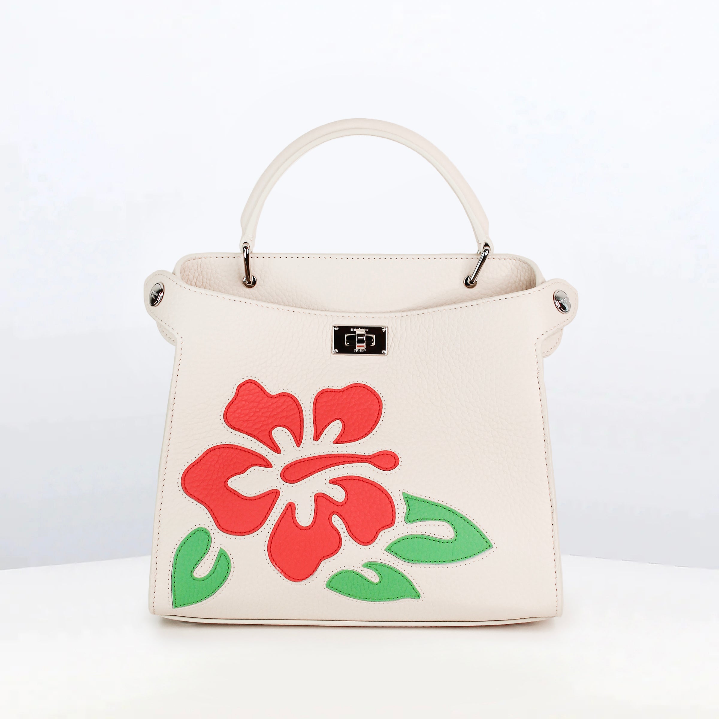 SAC À MAIN EN CUIR LUTECE MINI INTERSIA IVORY RED FLOWERS