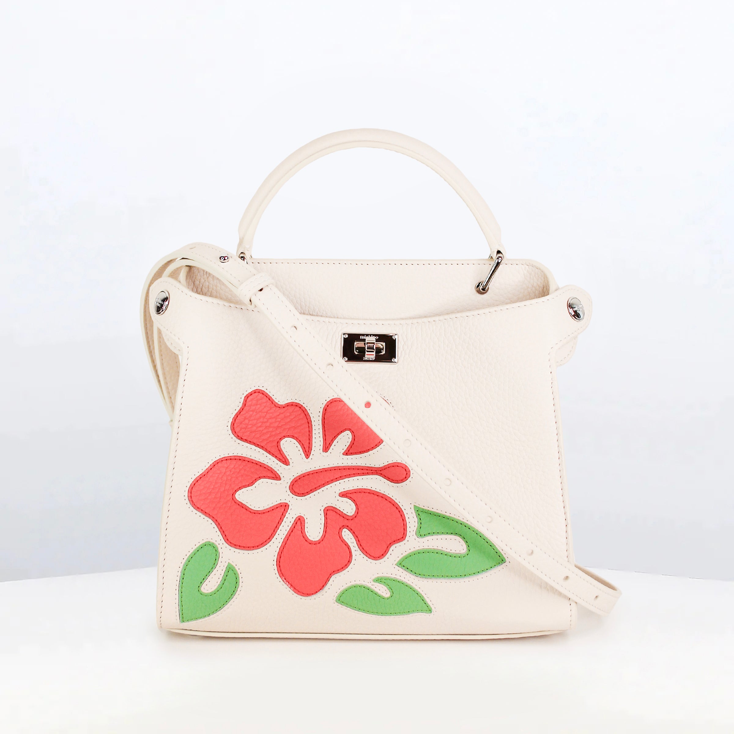SAC À MAIN EN CUIR LUTECE MINI INTERSIA IVORY RED FLOWERS