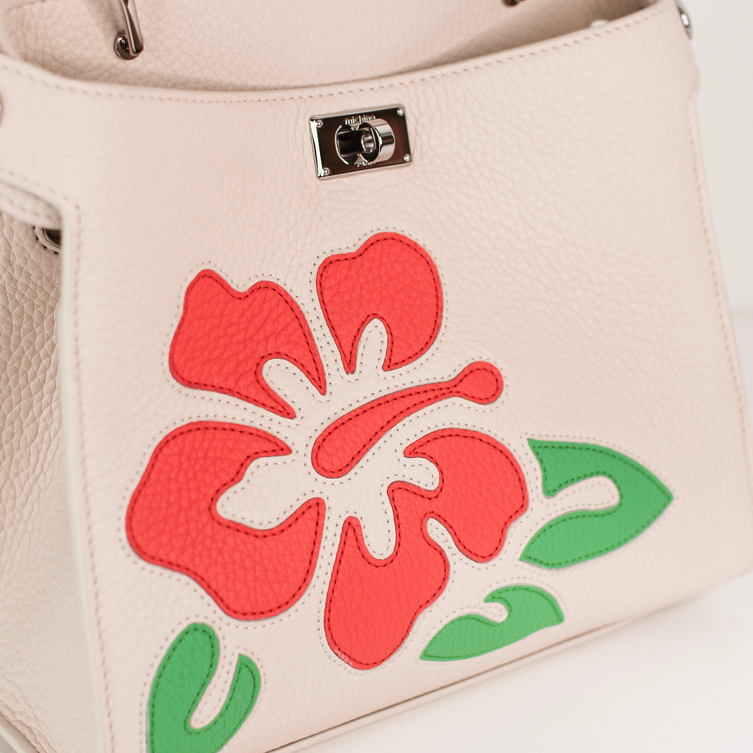 SAC À MAIN EN CUIR LUTECE MINI INTERSIA IVORY RED FLOWERS