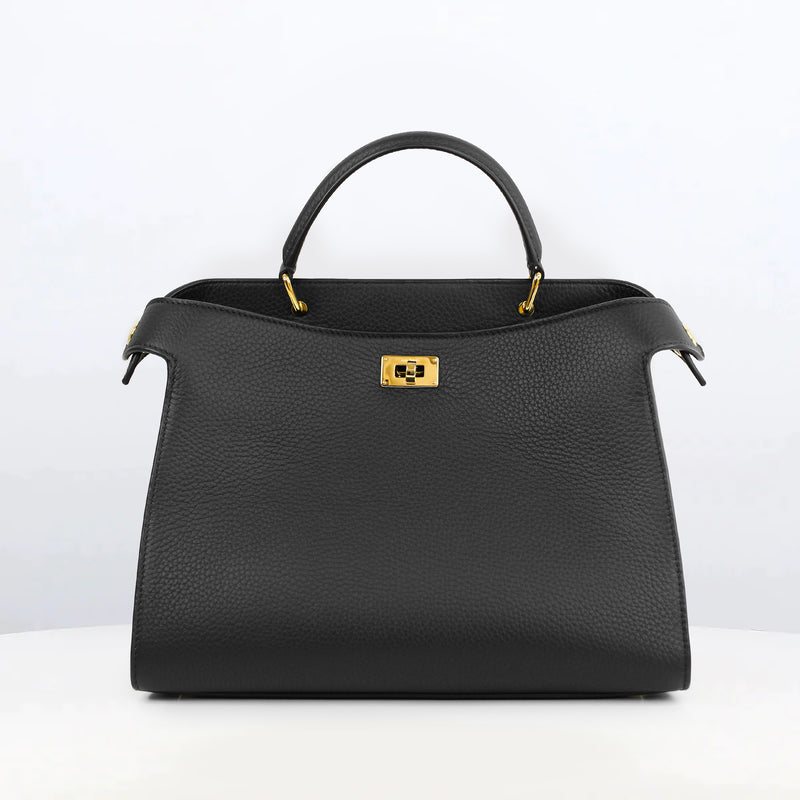 LEATHER HANDBAG LUTECE PM BLACK GOLDEN FINISHES