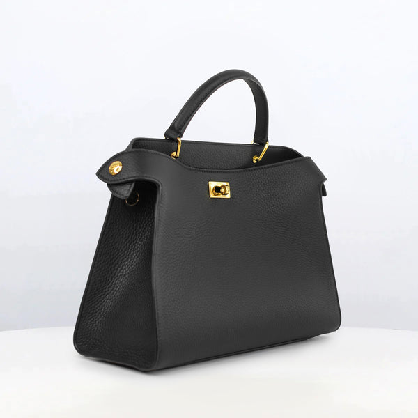 LEATHER HANDBAG LUTECE PM BLACK GOLDEN FINISHES