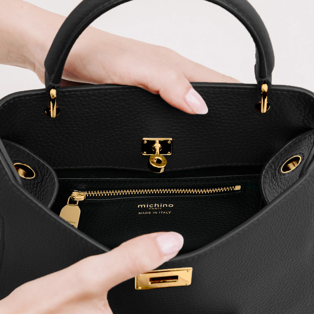 LUTECE MINI LEDERHANDTASCHE SCHWARZ MIT GOLDENEN BESCHLÄGEN