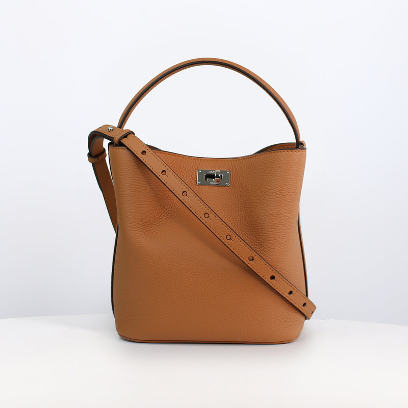 LEATHER BUCKET BAG ODEON MINI CAMEL