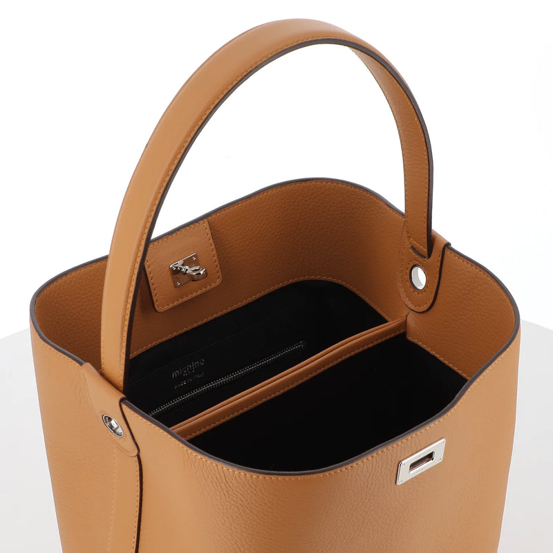 LEATHER BUCKET BAG ODEON PM CAMEL