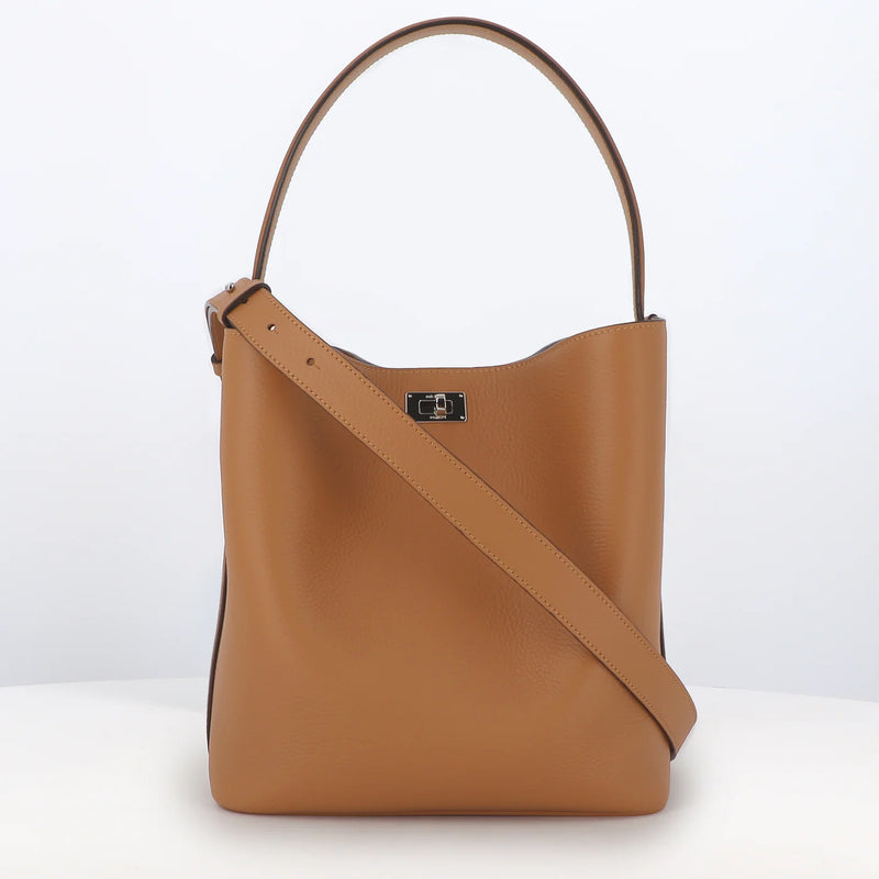 LEATHER BUCKET BAG ODEON PM CAMEL