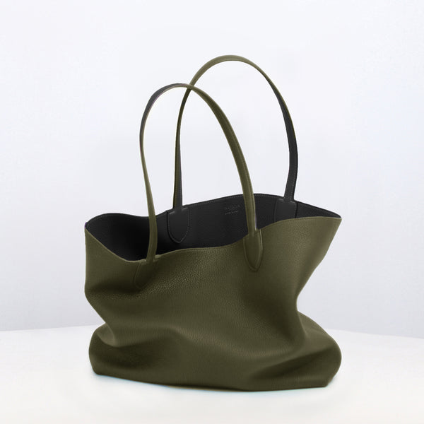 RIVOLI REVERSIBLE LEATHER TOTE BAG EAST/WEST BLACK/KHAKI