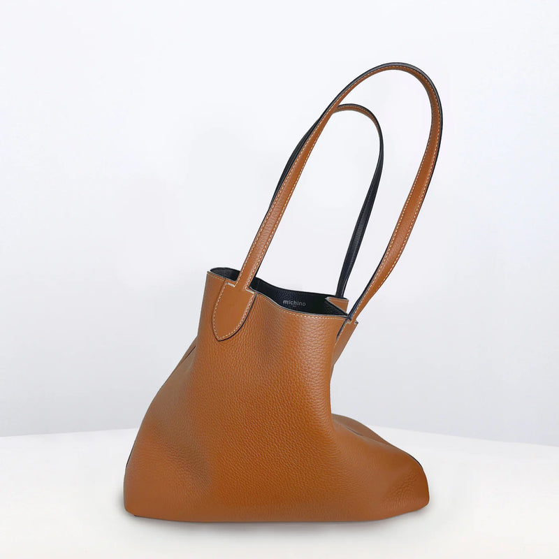 RIVOLI REVERSIBLE LEATHER TOTE BAG NORTH/SOUTH CAMEL/SMOKE