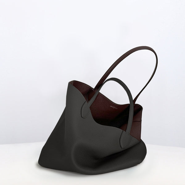 RIVOLI REVERSIBLE LEATHER TOTE BAG NORTH/SOUTH CHARCOAL GREY/PRUNE