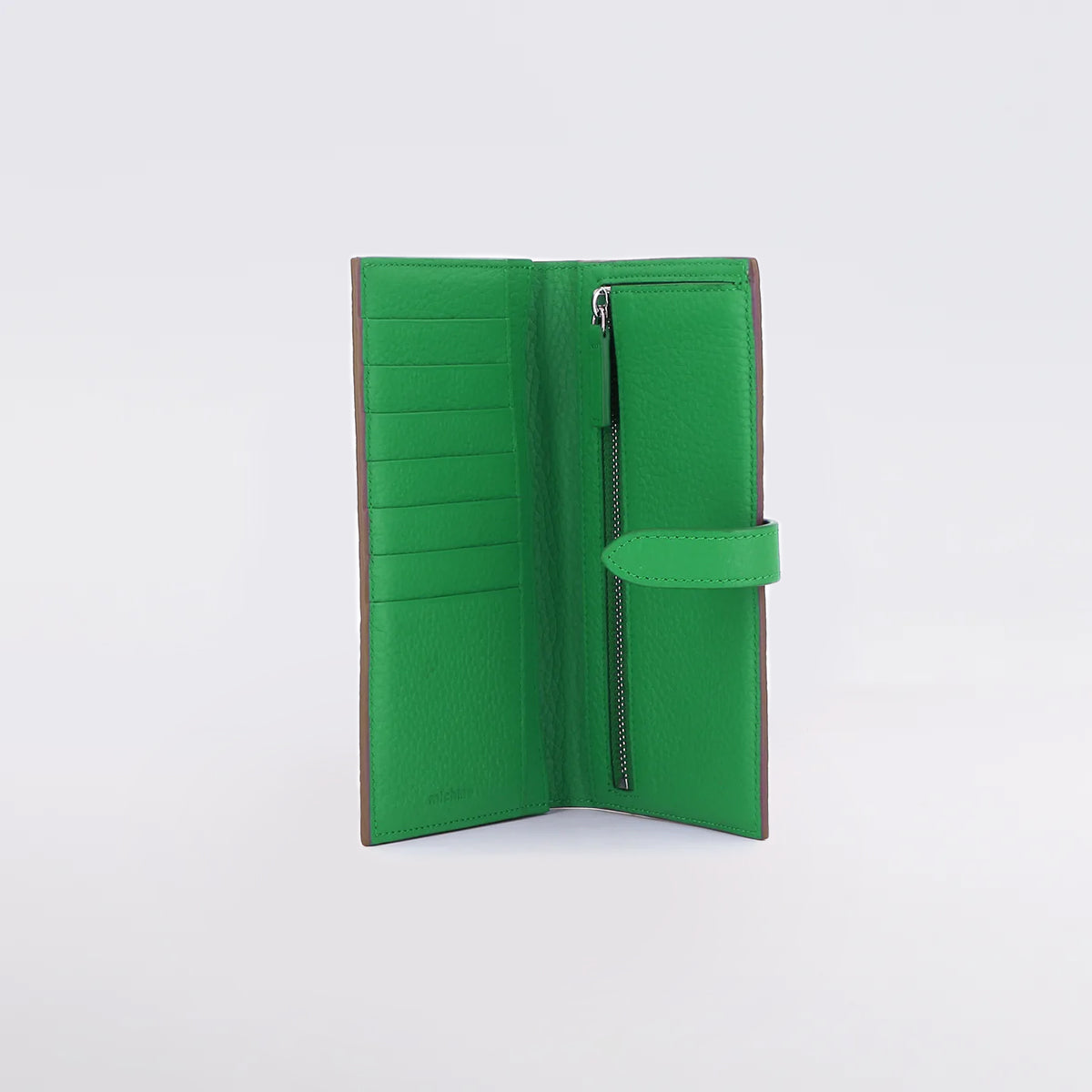 LONG PORTEFEUILLE EN CUIR TAUPE / VERT BAMBOU